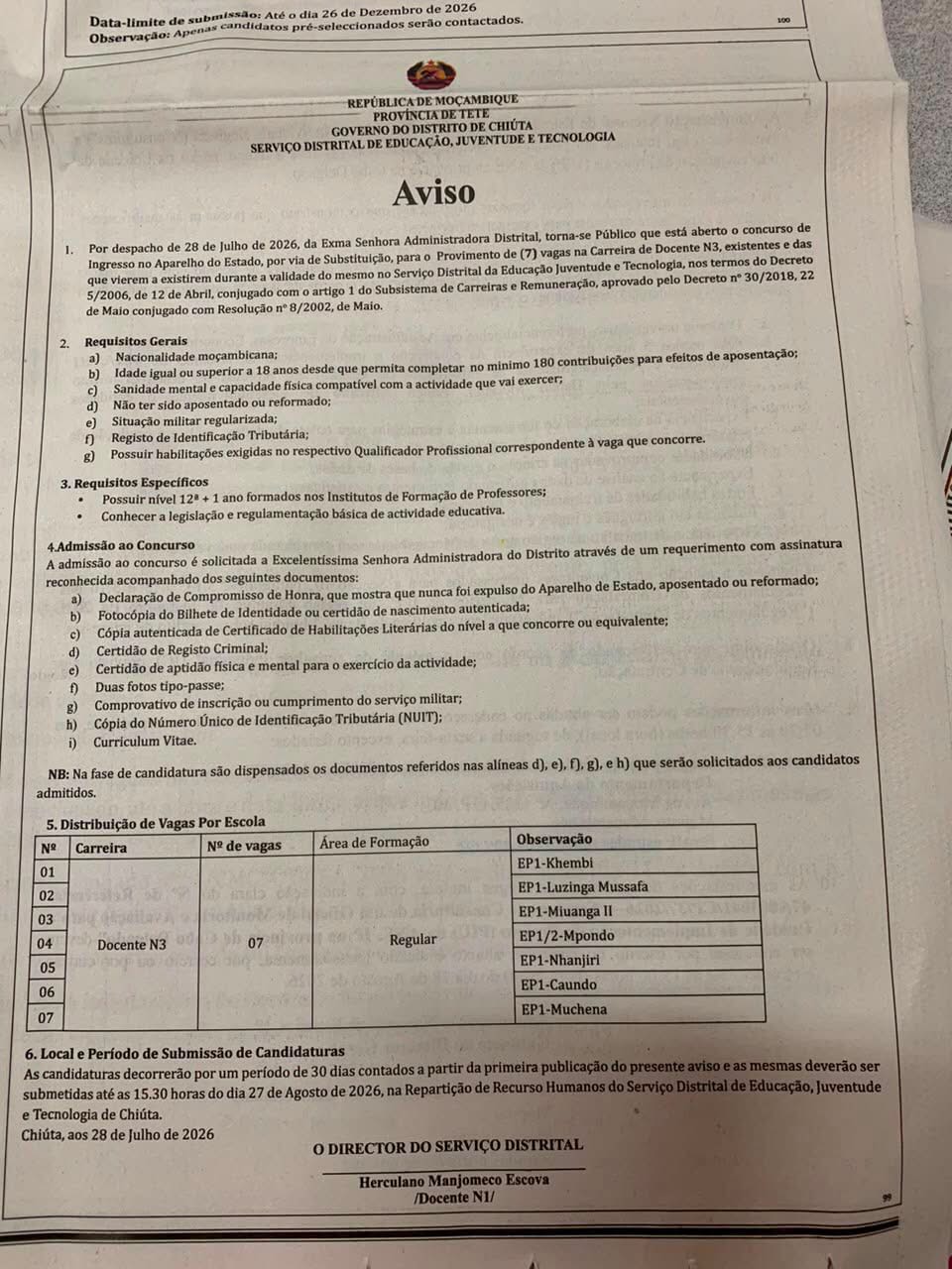 Chiúta abre concurso para sete vagas de Docente N3
