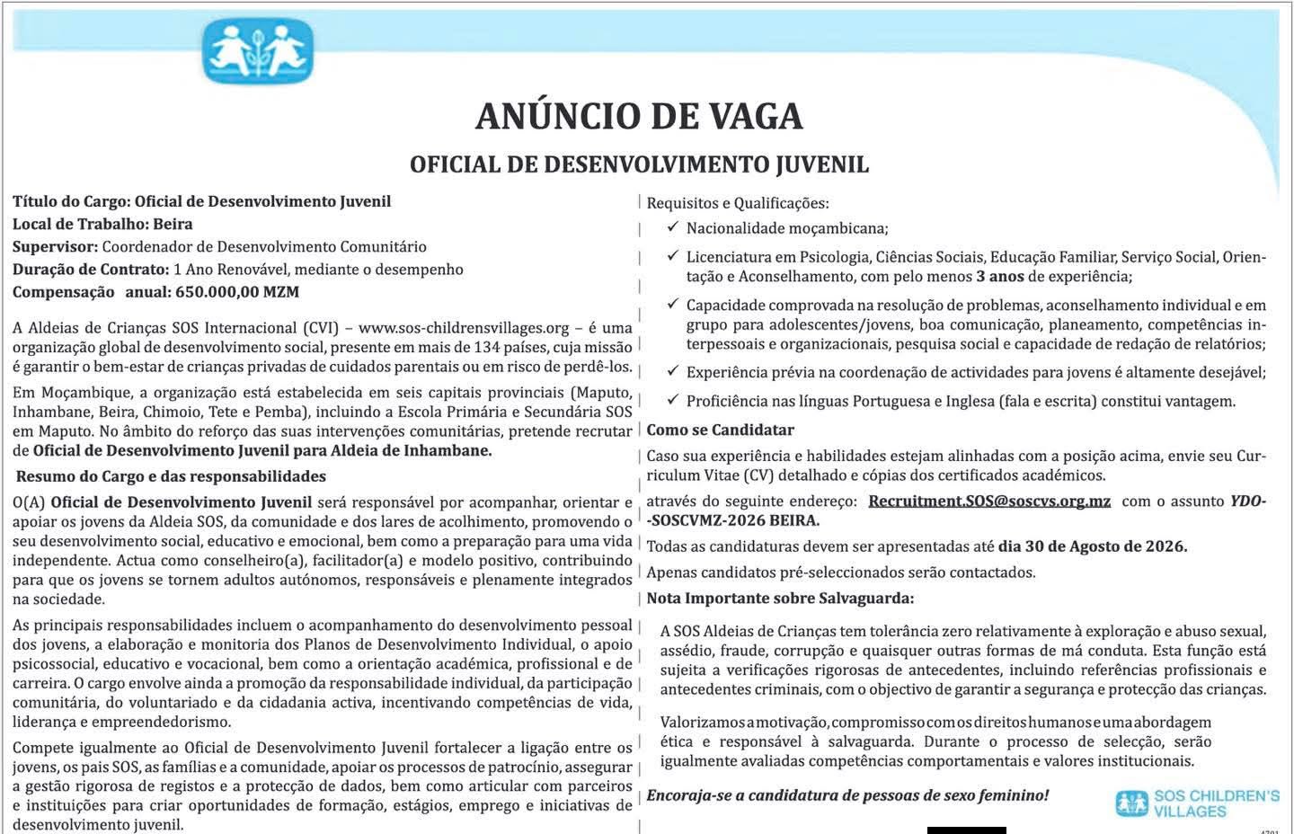 SOS CHILDREN’S VILLAGES ABRE VAGA PARA OFICIAL DE DESENVOLVIMENTO JUVENIL NA BEIRA
