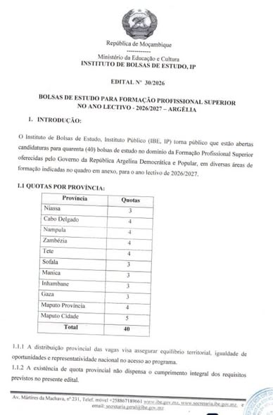 MOÇAMBIQUE DISPONIBILIZA 40 BOLSAS DE ESTUDO PARA FORMAÇÃO PROFISSIONAL SUPERIOR NA ARGÉLIA