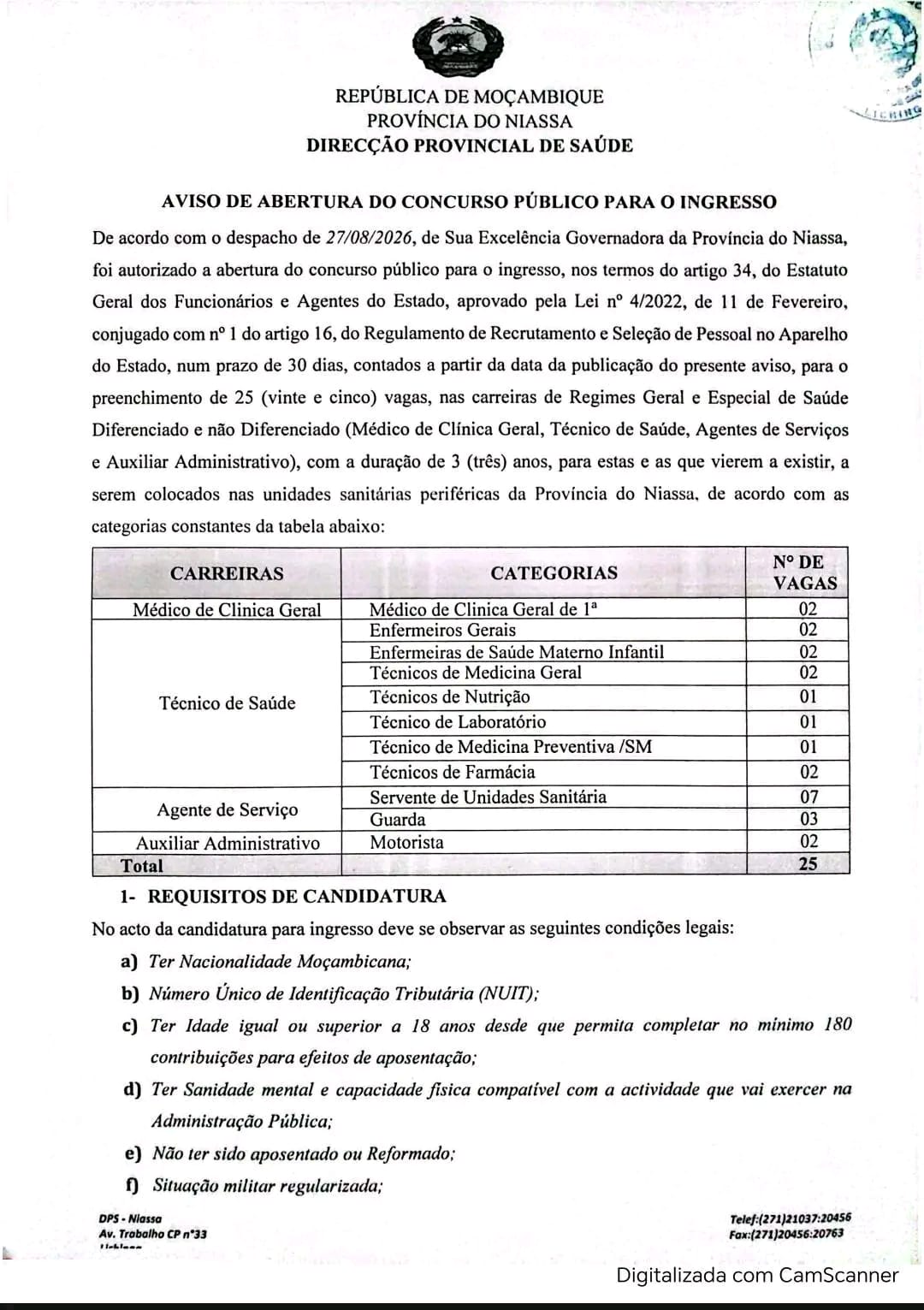 📢 CONCURSO PÚBLICO: DIRECÇÃO PROVINCIAL DE SAÚDE DO NIASSA ABRE 25 VAGAS