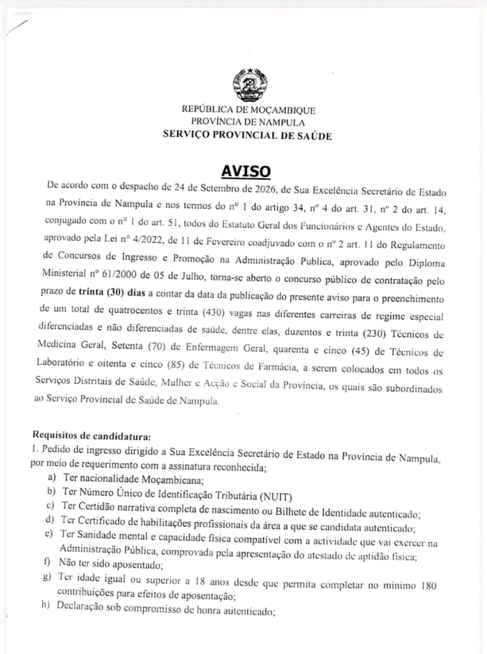📢 CONCURSO PÚBLICO ABRE 430 VAGAS NA ÁREA DA SAÚDE EM NAMPULA 🏥🇲🇿